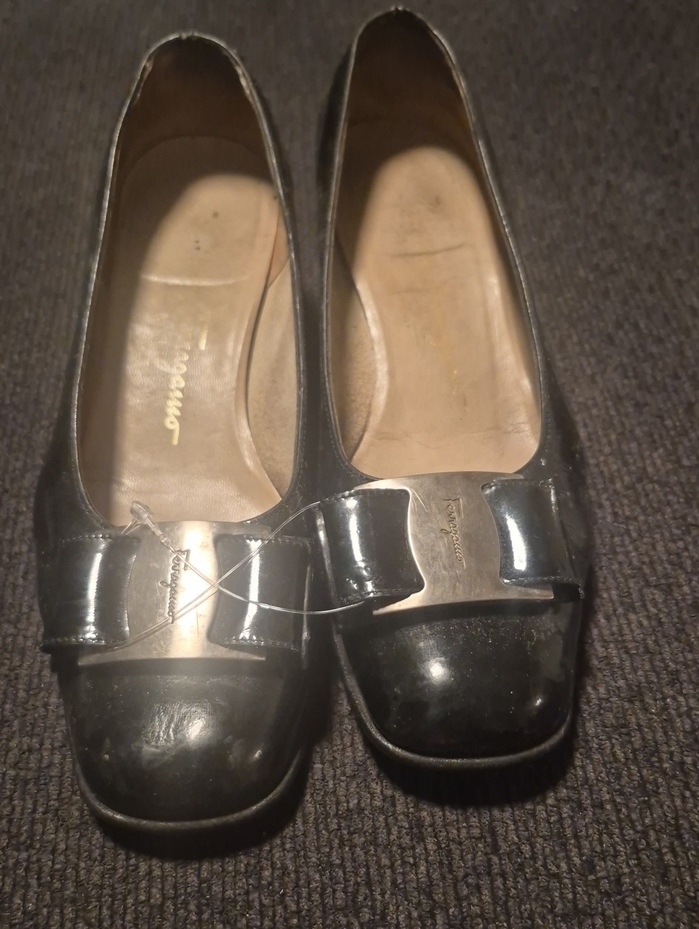 Salvatore Ferragamo Black Patent Leather Vara Bow Flats